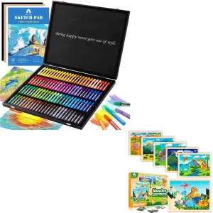 100 Pieces Deluxe Wooden Pastels Set with Blessing & 6 Pack Wooden Dinosaur Puzzles for Kids Ages 3-5 with Gift Case