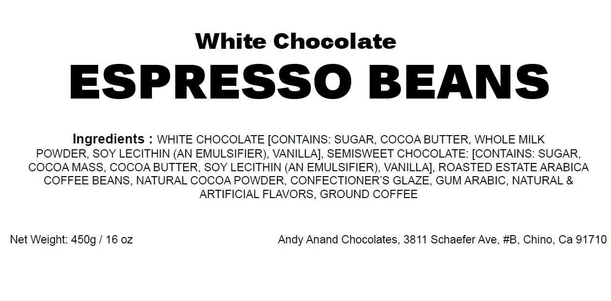 Andy Anand Belgian White Chocolate Covered Espresso Beans 1 lbs, Decadent Treats to Satisfy Your Cravings, Sweet Surprise: Chocolate Gift Box for Friends and Family