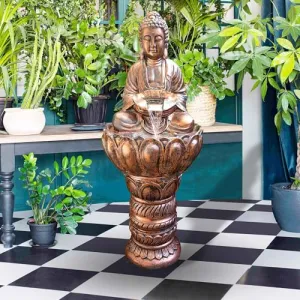 Art N Hub Big Lotus Buddha Handicraft Indoor Outdoor Fiber Fountain for Home Decor and Garden Decoration and Decorative Gift Items for Home (36 x 30 x 92 CM | Copper Golden)