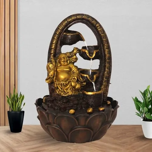 Art N Hub Laughing Buddha Indoor Outdoor Tabletop Fountain for Home Decor Office Decor and Gifting Built Home Decorative Gift Items (27 x 27 x 40 CM | Brown Golden)