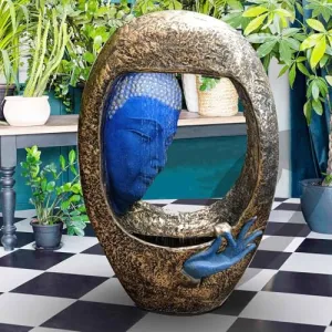 Art N Hub Lord Buddha Face Big Size Indoor Outdoor Fibers for Home Decoration Office Decoration and Gifting Built (61 x 35 x 89 CM | Golden Blue & Face Dotted)