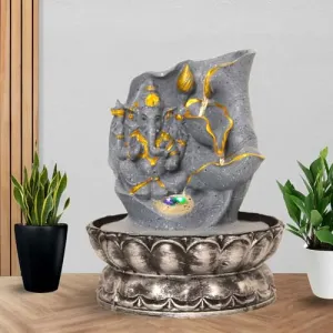 Art N Hub Lord Ganesha Table Top Water Fountain with LED Light Table Decorative Items and Home Decor Items for Living Room | Best Temple Decoration Items (20 x 20 x 26 CM | Dotted Grey Golden)