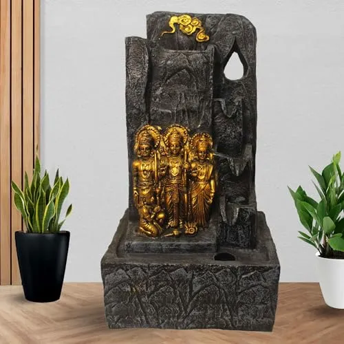 Art N Hub Lord Ram Parivar Handicraft Tabletop Indoor Outdoor Waterfall Fountain Balcony Decoration Items Water Fountain for Home Vastu (28 x 20 x 54 CM | Grey Golden)