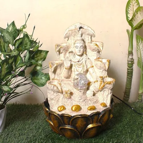 Art N Hub Lord Shiva Indoor Outdoor Water Fountain Gift Items for Home & Office Decoration with Crystall Ball LED Light | Vastu Showpiece for Home (27 x 27 x 38 CM | Dotted Cream Golden)