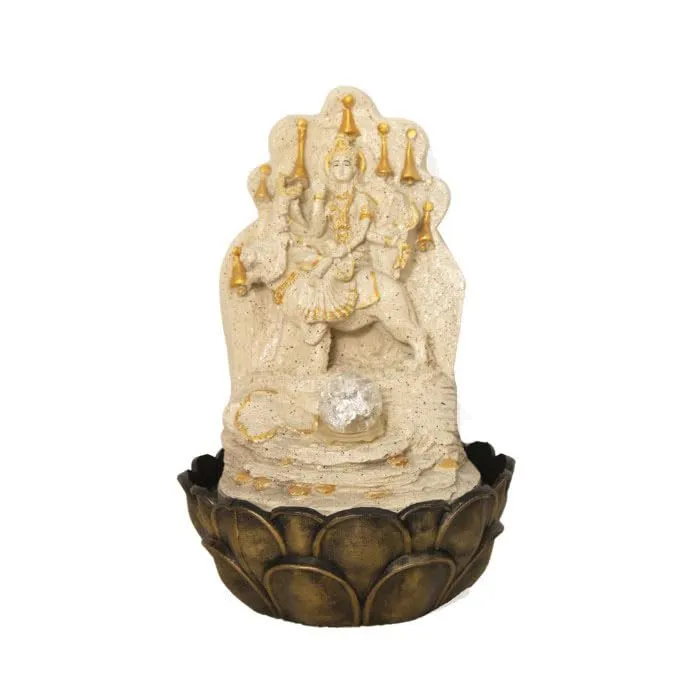 Art N Hub MATA Durga Indoor Outdoor Water Fountain for Home Vastu and Temple Decoration with Crystall Ball LED Light | Home Inauguration Gift Showpiece (27 x 27 x 40 CM | Dotted Cream Golden)