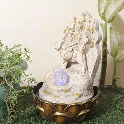 Art N Hub MATA Durga Indoor Outdoor Water Fountain for Home Vastu and Temple Decoration with Crystall Ball LED Light | Home Inauguration Gift Showpiece (27 x 27 x 40 CM | Dotted Cream Golden)