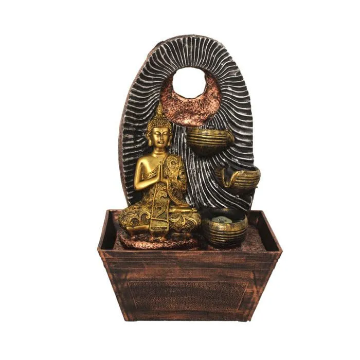 Art N Hub namaskar buddha Handicraft Tabletop Indoor Outdoor Waterfall Fountain Balcony Decoration Items Water Fountain for Home Vastu (25 x 20 x 41 CM | Golden Copper & Silver)