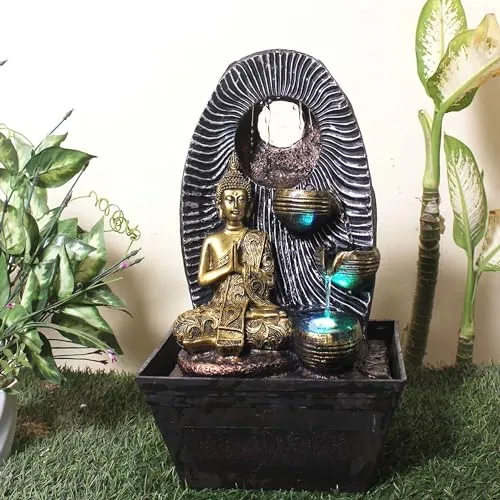 Art N Hub namaskar buddha Handicraft Tabletop Indoor Outdoor Waterfall Fountain Balcony Decoration Items Water Fountain for Home Vastu (25 x 20 x 41 CM | Golden Copper & Silver)