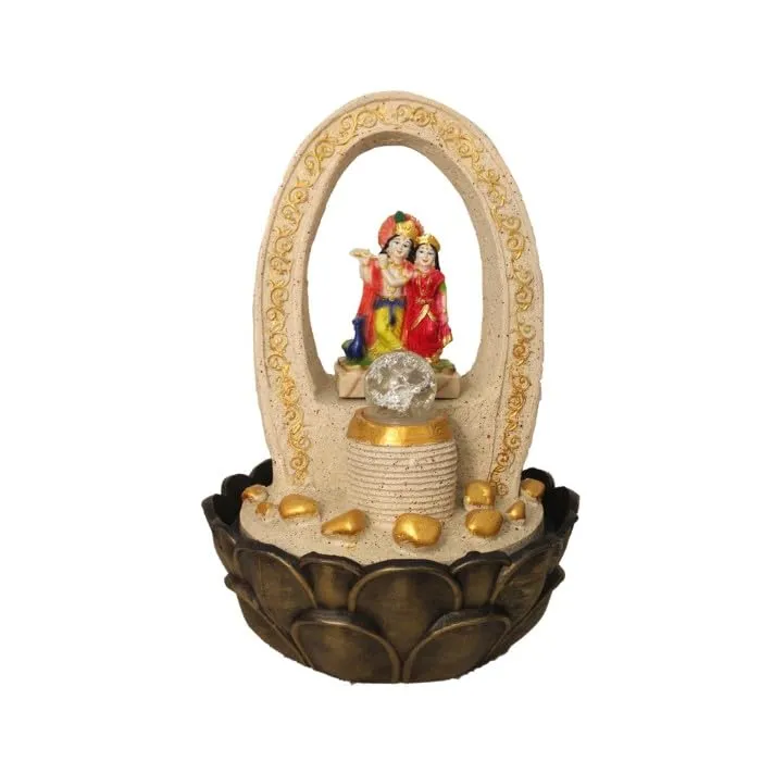 Art N Hub Radha Krishna Indoor Waterfall Fountain Office Decorative Items for Desk Best Welcome Gifts for Guest | with Crystall Ball LED Light (27 x 27 x 40 CM | Dotted Cream Golden)