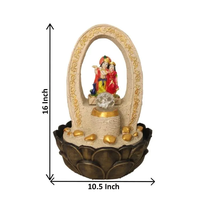 Art N Hub Radha Krishna Indoor Waterfall Fountain Office Decorative Items for Desk Best Welcome Gifts for Guest | with Crystall Ball LED Light (27 x 27 x 40 CM | Dotted Cream Golden)