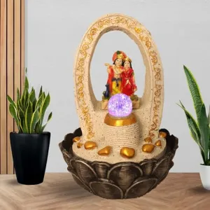 Art N Hub Radha Krishna Indoor Waterfall Fountain Office Decorative Items for Desk Best Welcome Gifts for Guest | with Crystall Ball LED Light (27 x 27 x 40 CM | Dotted Cream Golden)