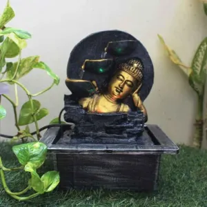 Art N Hub Sleeping Buddha Indoor Outdoor Water Fountain Gift Items for Home Decoration and Office Decoration | Vastu Showpiece for Home (21 x 18 x 26 CM | Grey Golden)