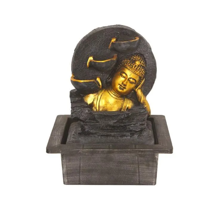 Art N Hub Sleeping Buddha Indoor Outdoor Water Fountain Gift Items for Home Decoration and Office Decoration | Vastu Showpiece for Home (21 x 18 x 26 CM | Grey Golden)