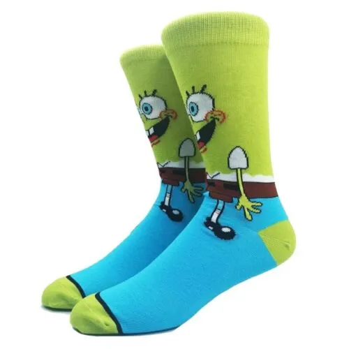 Cartoon Socks, SpongeBob Fun Novelty Mens Crew Character Socks Yellow/Blue