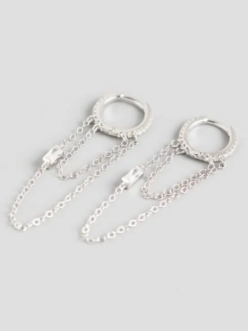 Chain Hoop Earrings, .925 Sterling Silver Uptown Double Chain Rectangle Baguette Diamond CZ Huggie Hoop Earrings