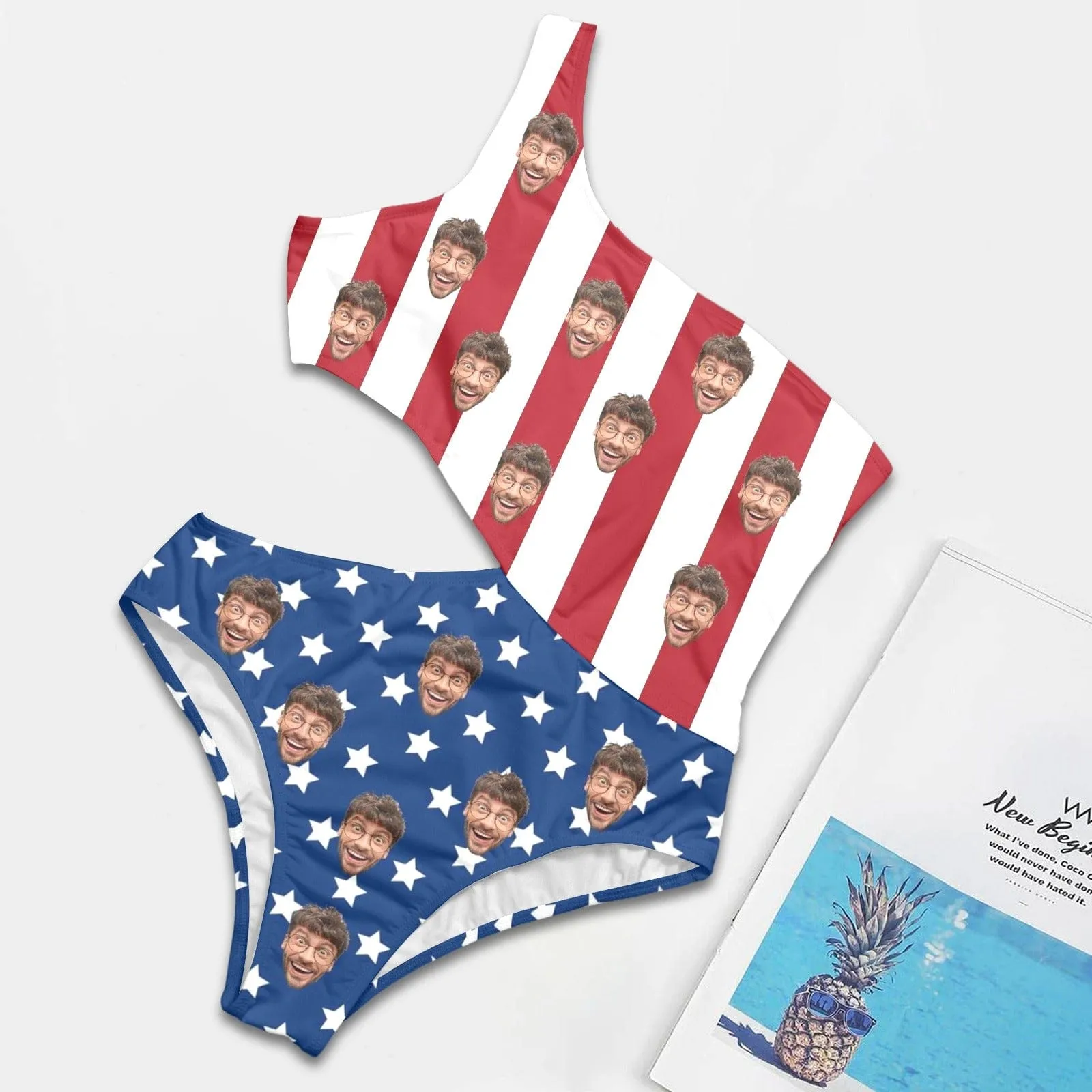 Custom Face American Flag Style Women's Off Shoulder Side Cutout One Piece Swimsuit Personalized Photo Bathing Suit