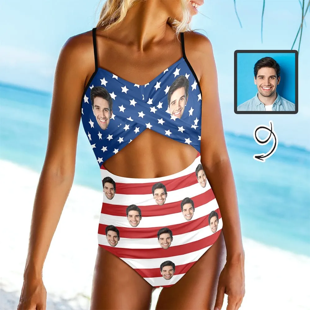 Custom Face American Flag Style Women's One Piece Swimsuit Twist Cutout Front Crisscross Lace Up Back Face Bathing Suit