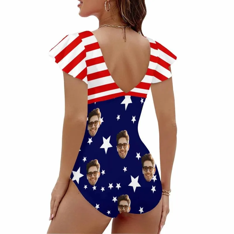 Custom Face US Flag Women's Twist Front Ruffle Sleeve Swimsuit Face Bathing Suit