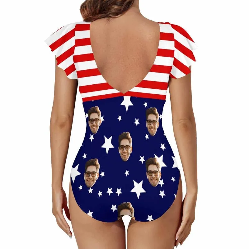 Custom Face US Flag Women's Twist Front Ruffle Sleeve Swimsuit Face Bathing Suit