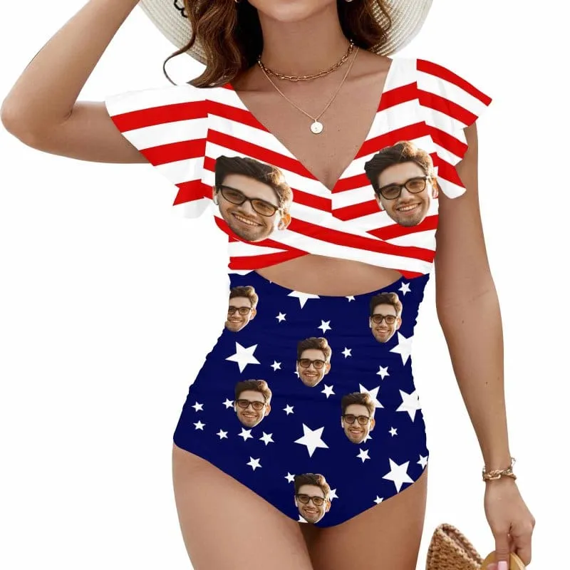 Custom Face US Flag Women's Twist Front Ruffle Sleeve Swimsuit Face Bathing Suit