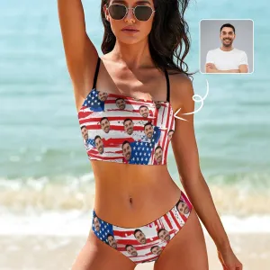 Custom Husband Face USA Flag Bikini Personalized Bathing Suit Women's Suspenders Bandeau Bikini Set Two Piece Swimsuits