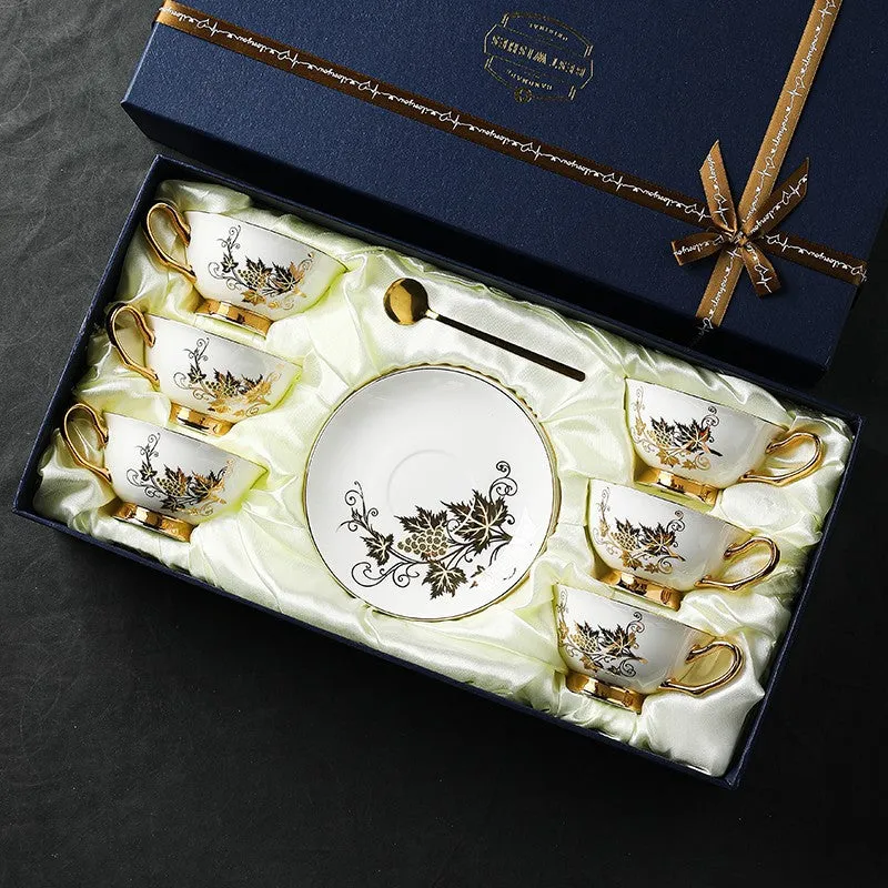 Elegant British Ceramic Coffee Cups, Golden Leaves and Grapes Bone China Porcelain Tea Cup Set, Unique British Tea Cup and Saucer in Gift Box