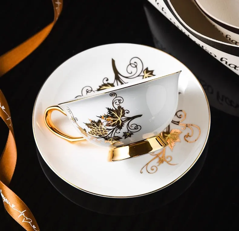 Elegant British Ceramic Coffee Cups, Golden Leaves and Grapes Bone China Porcelain Tea Cup Set, Unique British Tea Cup and Saucer in Gift Box