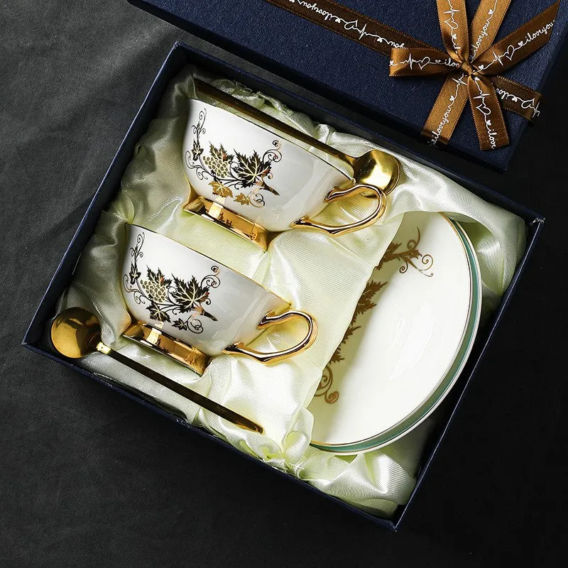 Elegant British Ceramic Coffee Cups, Golden Leaves and Grapes Bone China Porcelain Tea Cup Set, Unique British Tea Cup and Saucer in Gift Box