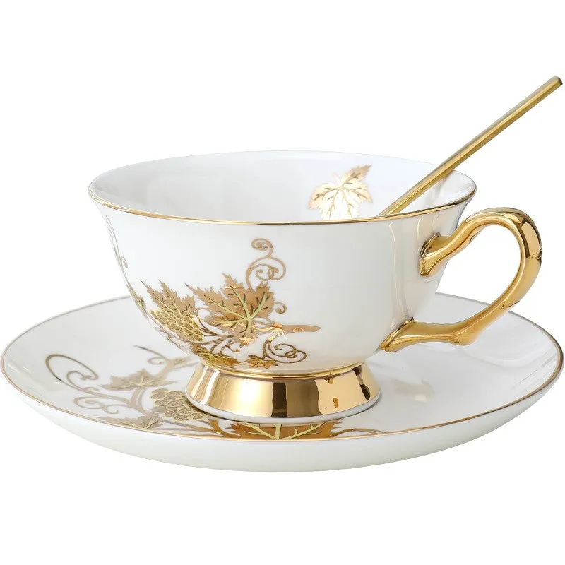 Elegant British Ceramic Coffee Cups, Golden Leaves and Grapes Bone China Porcelain Tea Cup Set, Unique British Tea Cup and Saucer in Gift Box