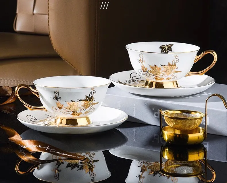 Elegant British Ceramic Coffee Cups, Golden Leaves and Grapes Bone China Porcelain Tea Cup Set, Unique British Tea Cup and Saucer in Gift Box