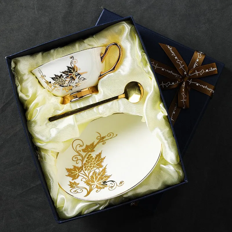 Elegant British Ceramic Coffee Cups, Golden Leaves and Grapes Bone China Porcelain Tea Cup Set, Unique British Tea Cup and Saucer in Gift Box