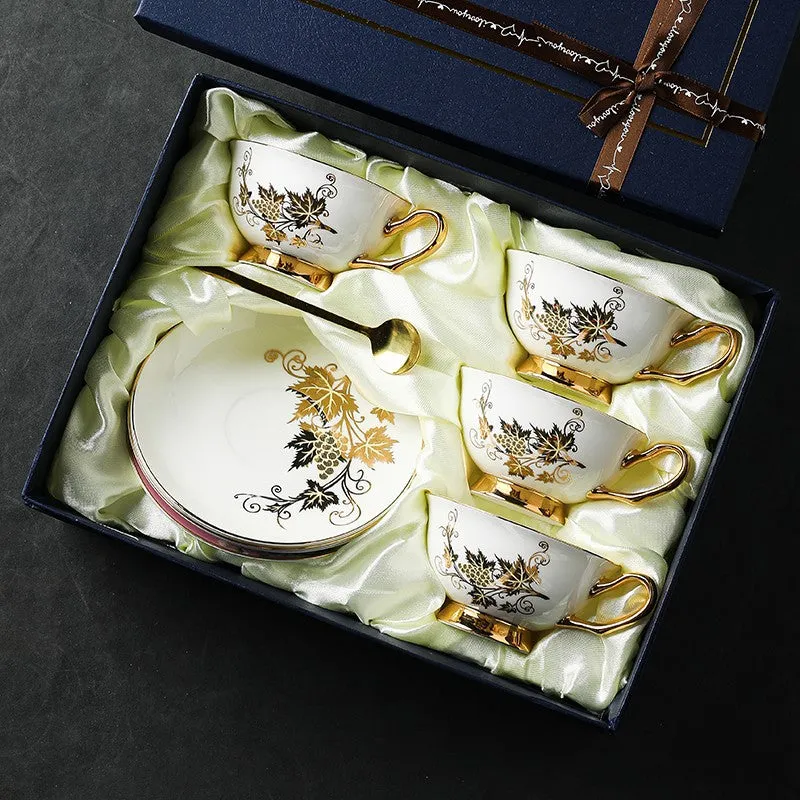 Elegant British Ceramic Coffee Cups, Golden Leaves and Grapes Bone China Porcelain Tea Cup Set, Unique British Tea Cup and Saucer in Gift Box