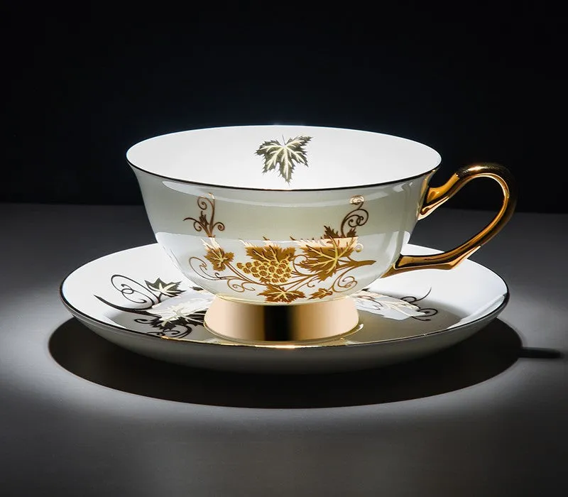 Elegant British Ceramic Coffee Cups, Golden Leaves and Grapes Bone China Porcelain Tea Cup Set, Unique British Tea Cup and Saucer in Gift Box