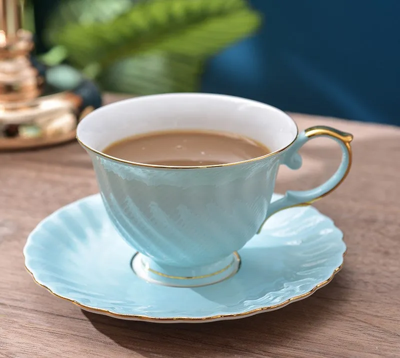 Elegant British Tea Cup and Saucer in Gift Box, Blue Bone China Porcelain Tea Cup Set, Unique British Ceramic Coffee Cups for Afternoon Tea