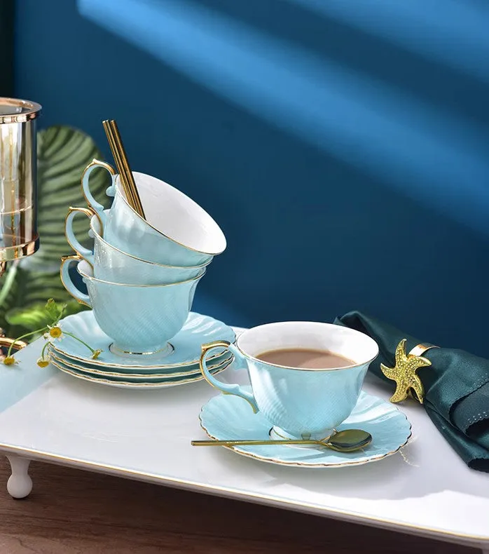 Elegant British Tea Cup and Saucer in Gift Box, Blue Bone China Porcelain Tea Cup Set, Unique British Ceramic Coffee Cups for Afternoon Tea