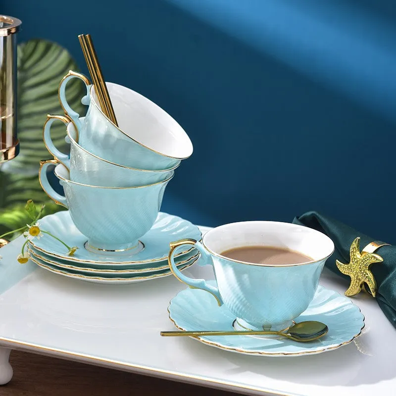 Elegant British Tea Cup and Saucer in Gift Box, Blue Bone China Porcelain Tea Cup Set, Unique British Ceramic Coffee Cups for Afternoon Tea