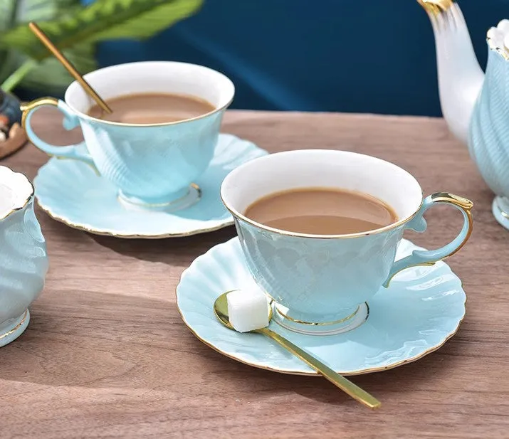 Elegant British Tea Cup and Saucer in Gift Box, Blue Bone China Porcelain Tea Cup Set, Unique British Ceramic Coffee Cups for Afternoon Tea