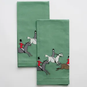 Embroidered Hunt Scene Green Tea Towels