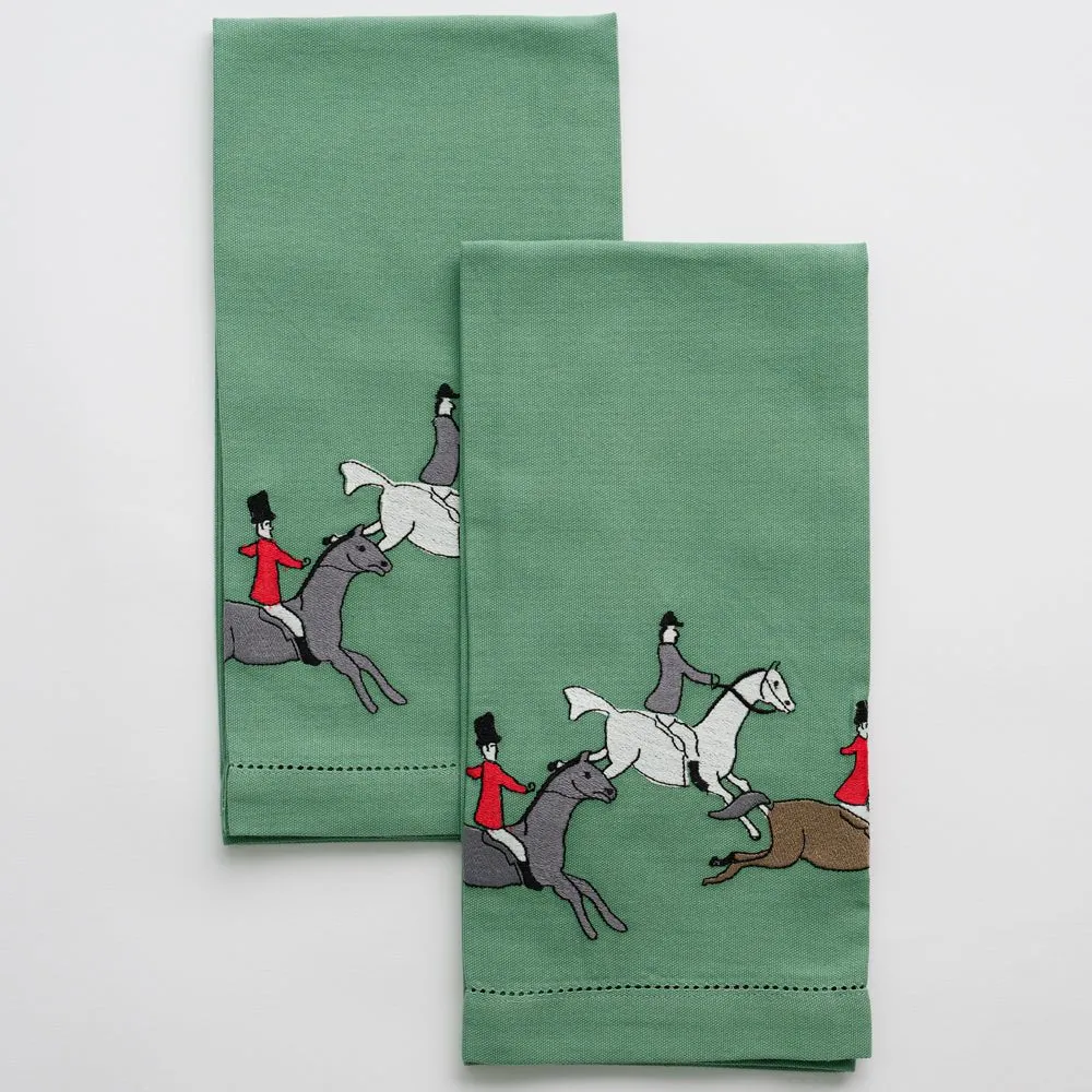 Embroidered Hunt Scene Green Tea Towels