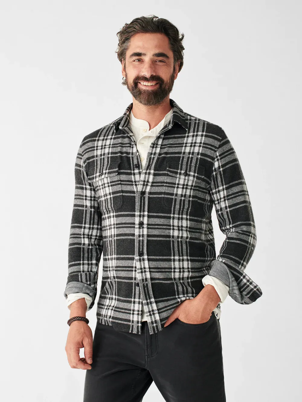 Faherty Legend Sweater Shirt in Charcoal Bone Plaid