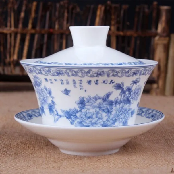 Gaiwan -  Blue Rose Print - The Oriental Teacup Saucer And Lid