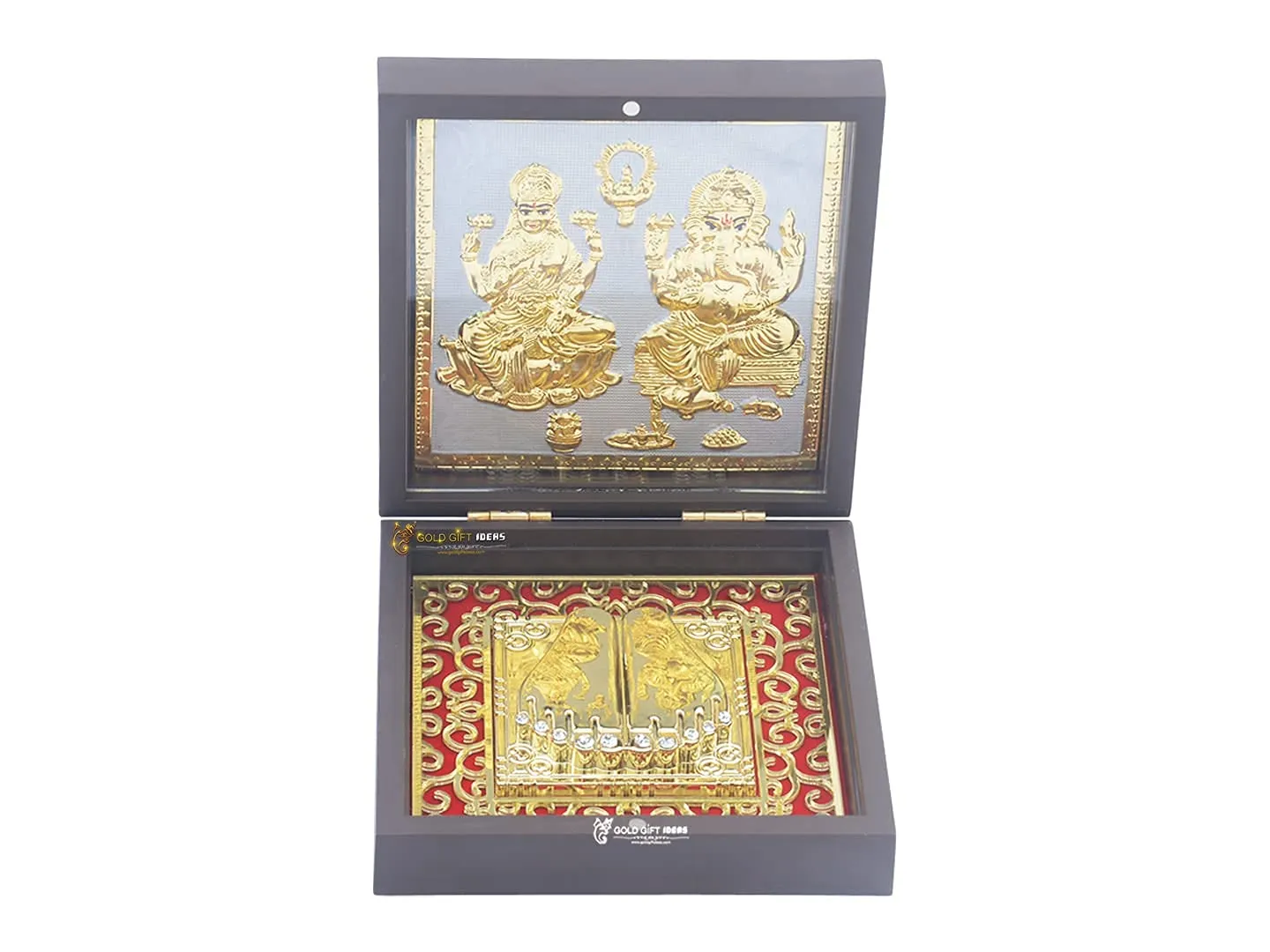 GoldGiftIdeas 24K Gold Plated Mahalakshmi Ganesha Photo Frame With Charan Paduka (Square Return Gifts For Housewarming, Laxmi-Ganesh Wooden Momento Gift, Tabletop)