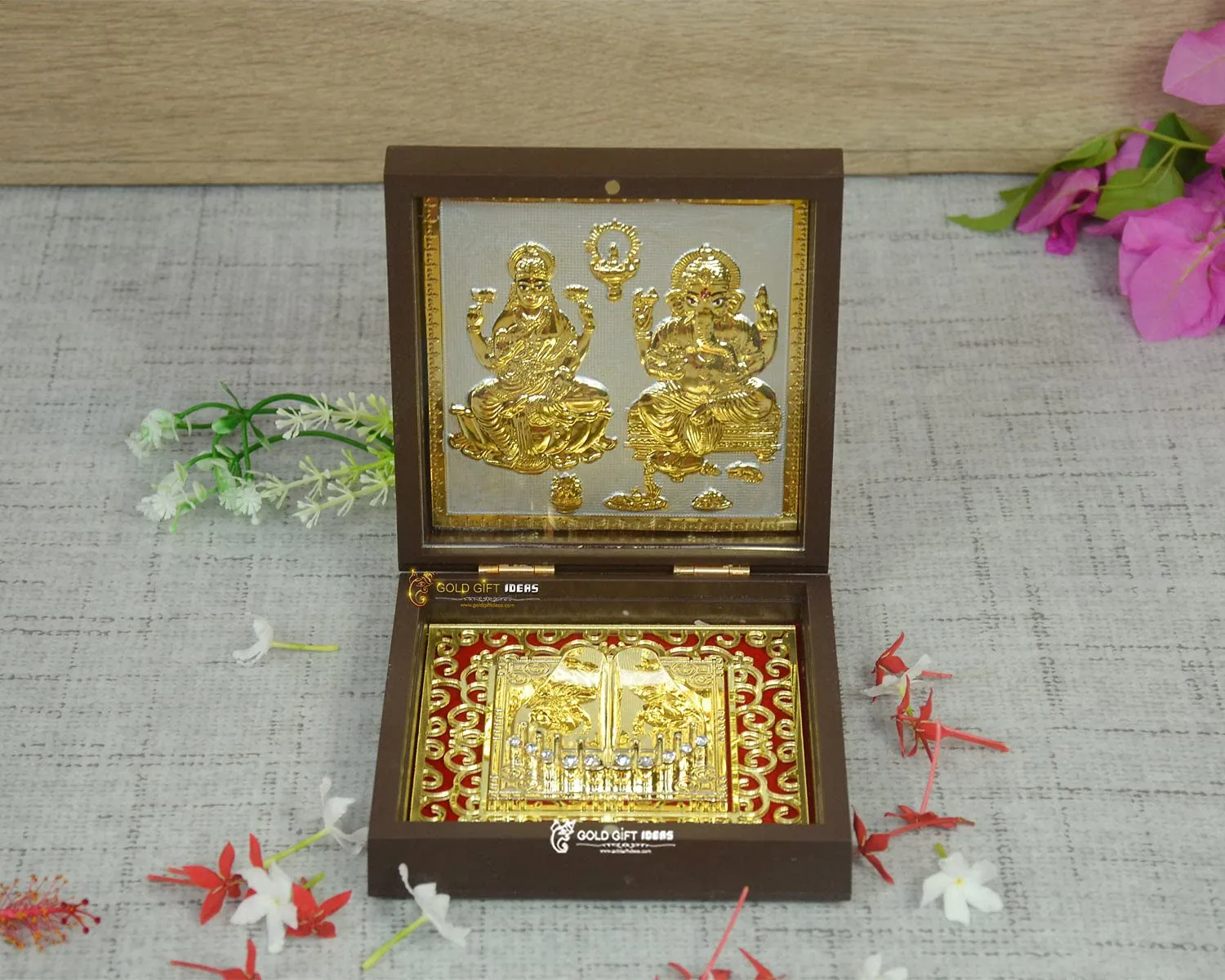 GoldGiftIdeas 24K Gold Plated Mahalakshmi Ganesha Photo Frame With Charan Paduka (Square Return Gifts For Housewarming, Laxmi-Ganesh Wooden Momento Gift, Tabletop)