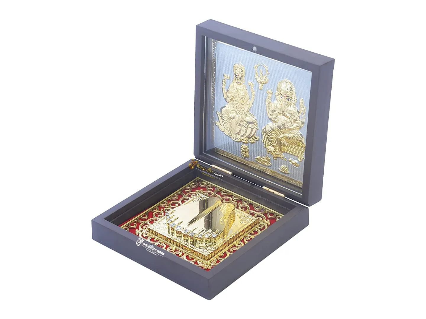 GoldGiftIdeas 24K Gold Plated Mahalakshmi Ganesha Photo Frame With Charan Paduka (Square Return Gifts For Housewarming, Laxmi-Ganesh Wooden Momento Gift, Tabletop)