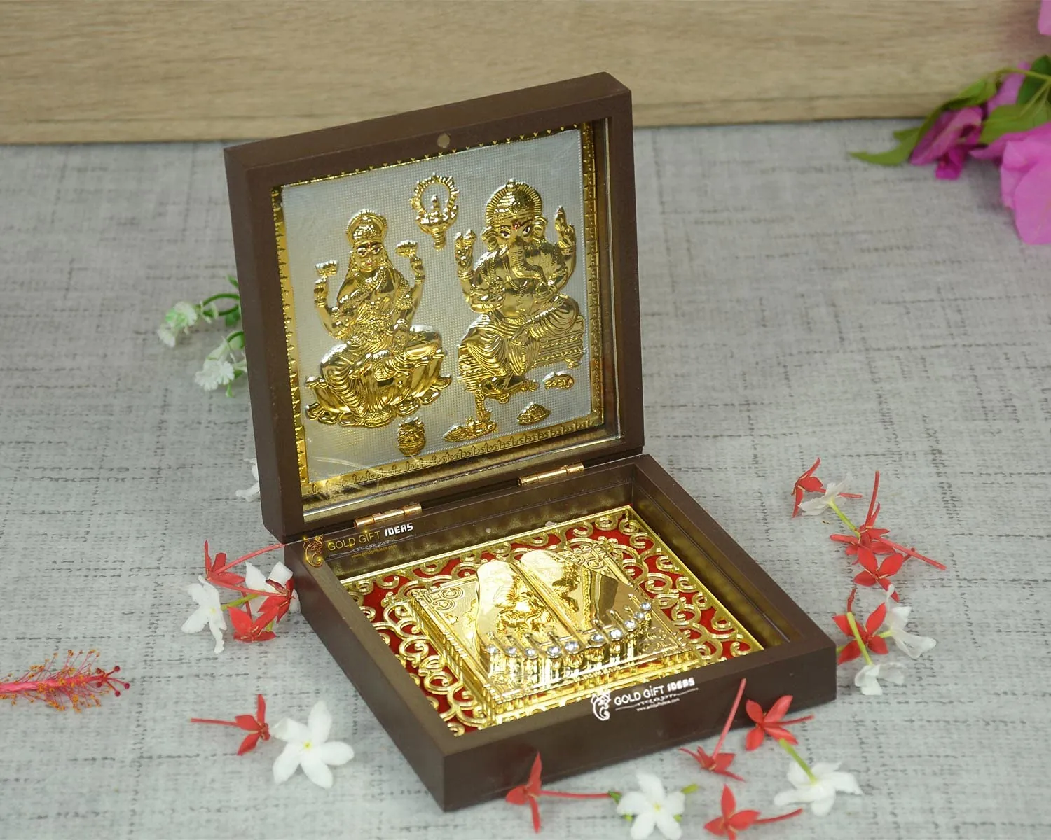 GoldGiftIdeas 24K Gold Plated Mahalakshmi Ganesha Photo Frame With Charan Paduka (Square Return Gifts For Housewarming, Laxmi-Ganesh Wooden Momento Gift, Tabletop)