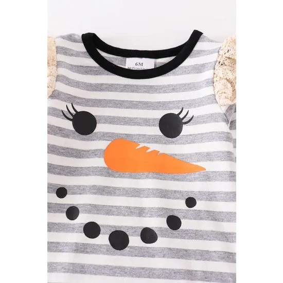 Grey snowman stripe ruffle bow baby romper