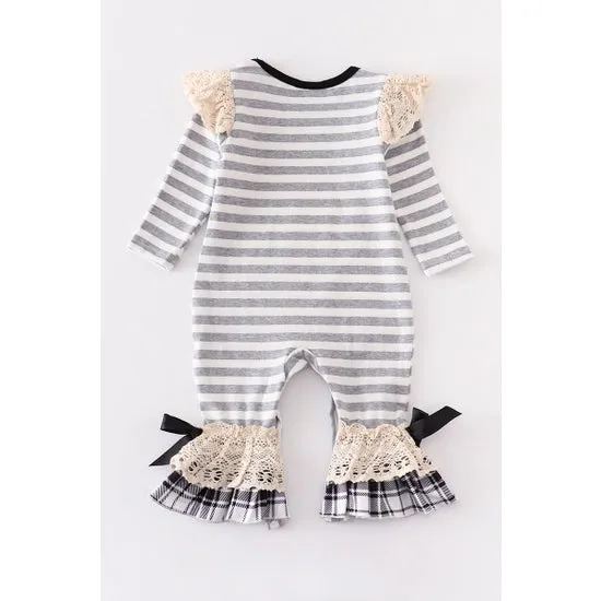 Grey snowman stripe ruffle bow baby romper