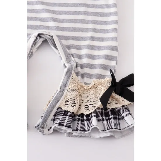 Grey snowman stripe ruffle bow baby romper