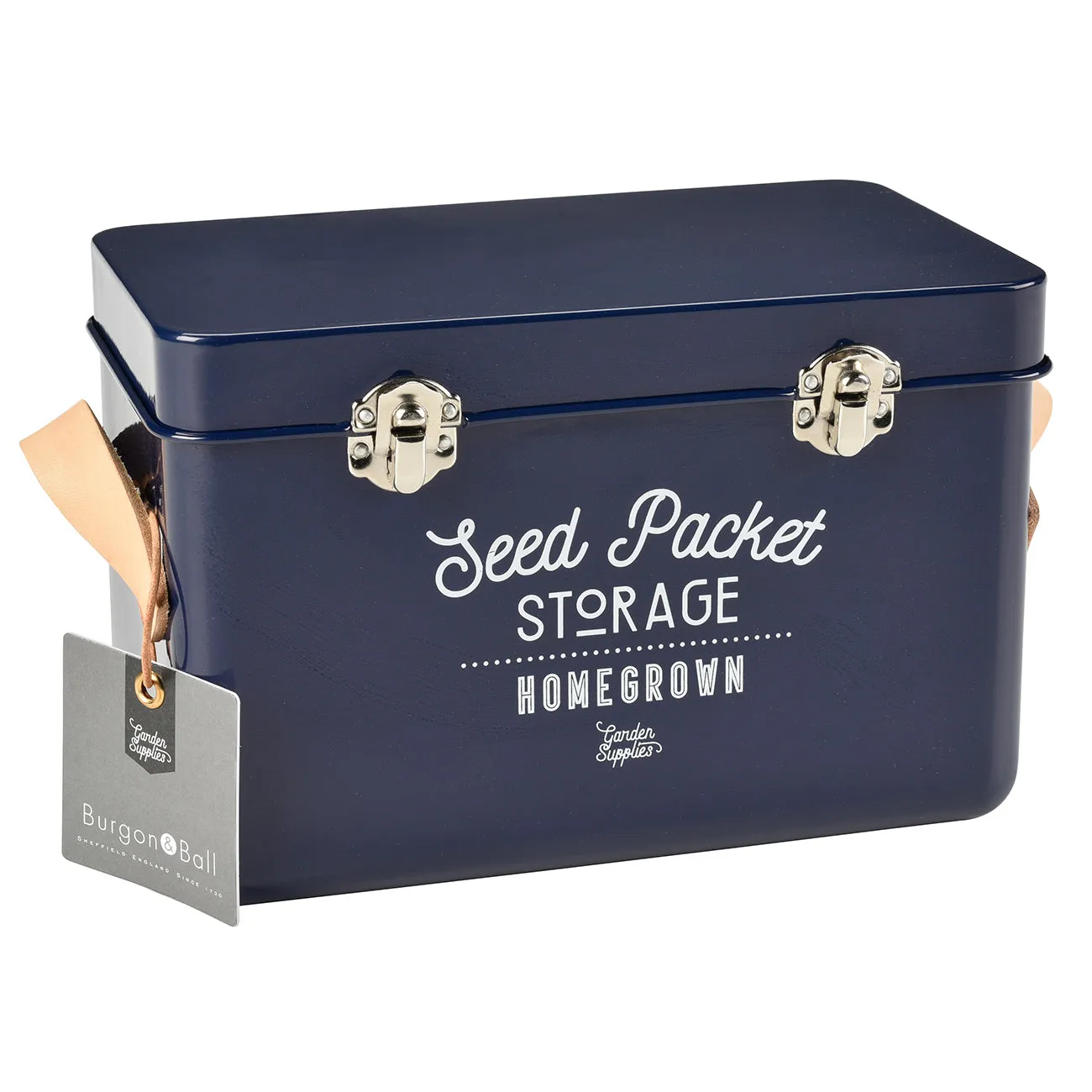 Leather Handled Seed Packet Storage Tin - Atlantic Blue