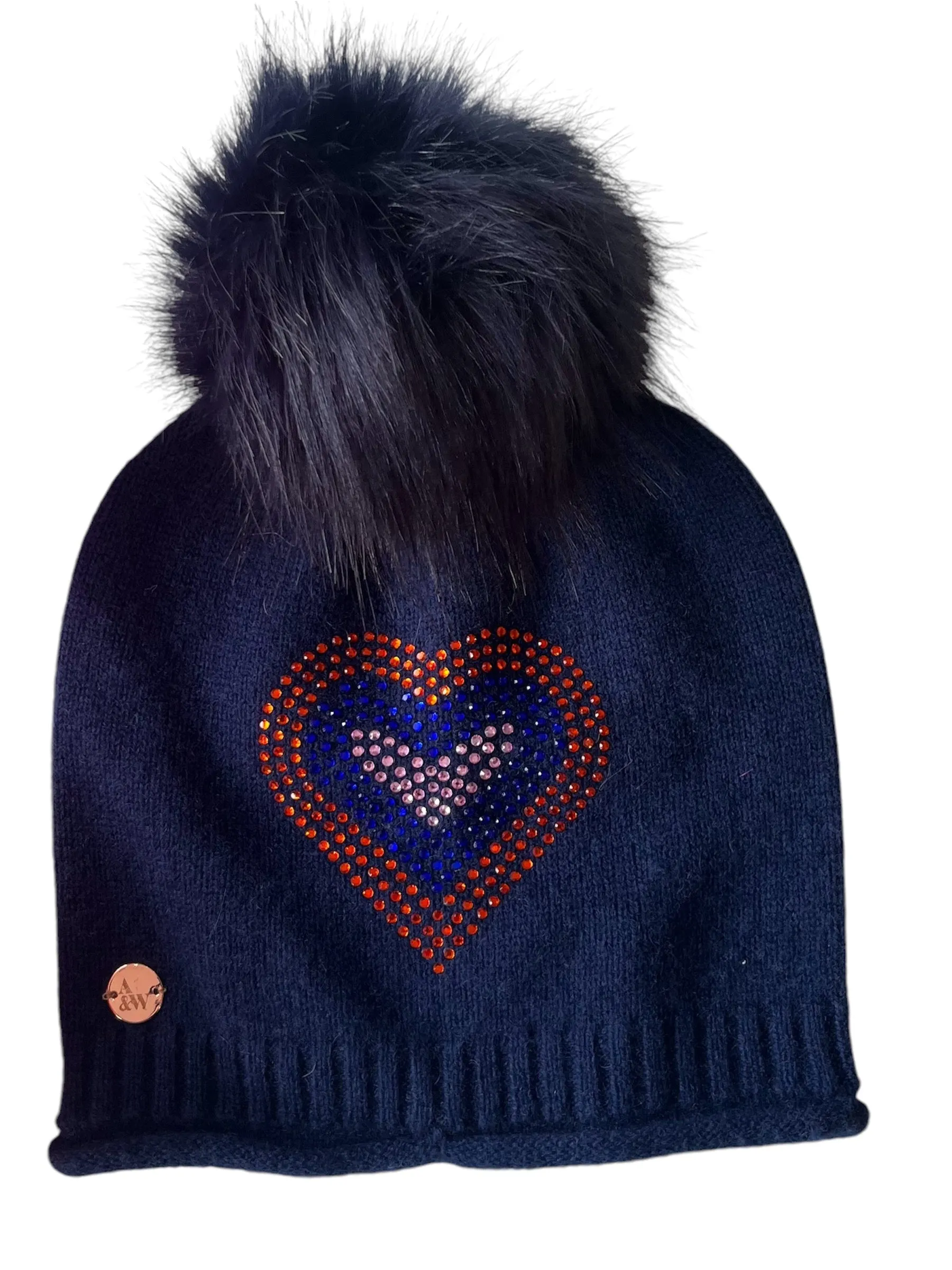 Navy cashmere plain knit beanie with heart embellishment & faux fur pom